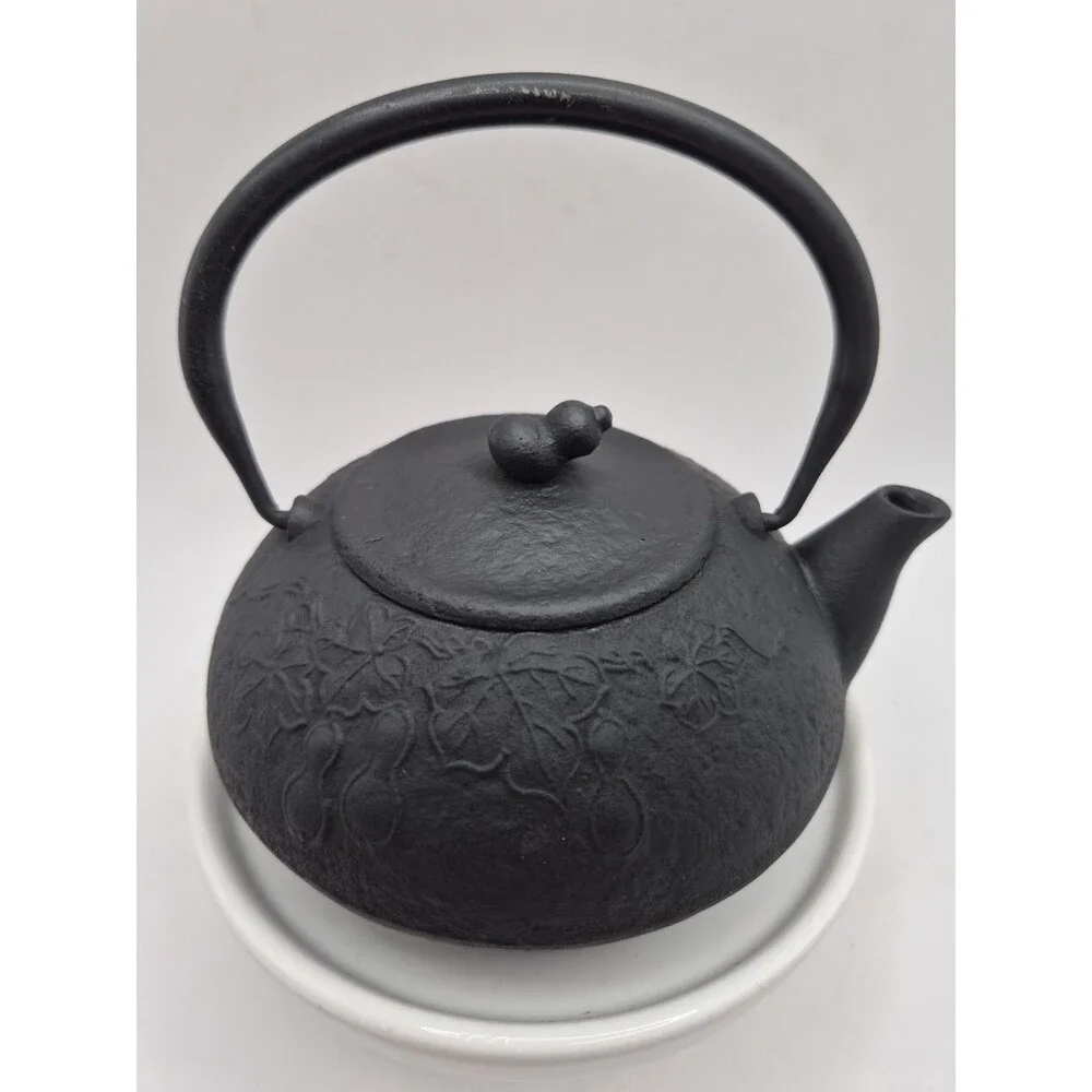 Vintage Cast Iron Japanese Tetsubin Tea Kettle Cherry Blossom Black